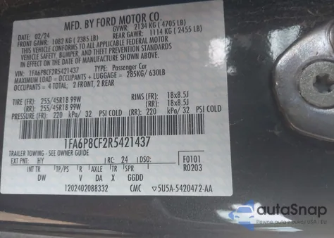 2024 Ford Mustang Gt Fastback из США, поврежденный, VIN 1FA6P8CF2R5421437